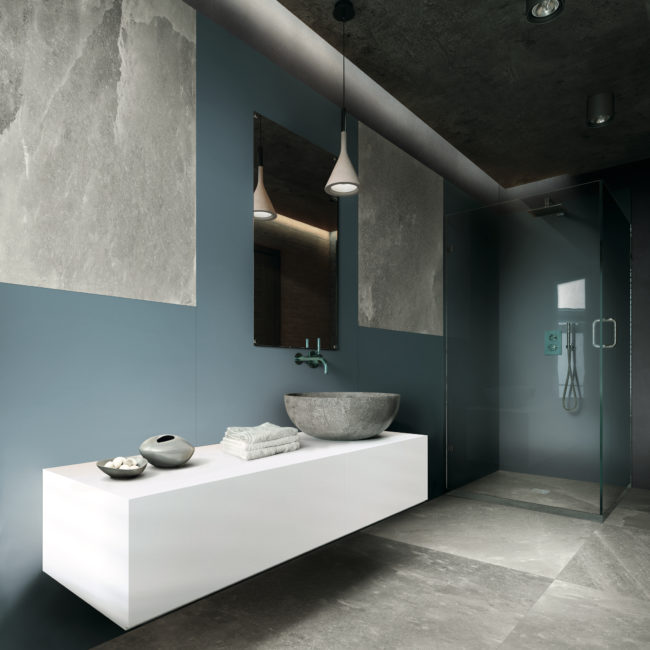 Contemporary bathroom in dark tones with ceiling lighting. 3D rendering